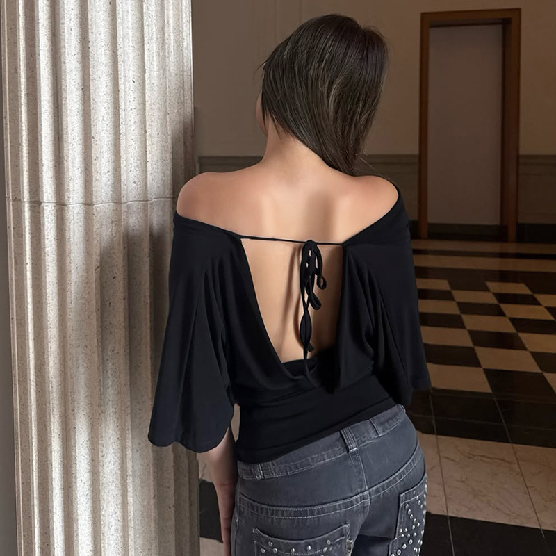 Backless Top Women Summer Stretchy Open Back Tie Up Tops Ele