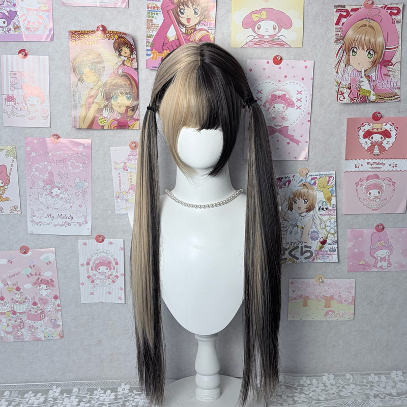 [Black Gold Witch] Highlighted Wig for Women Lolita Gradient Bangs Cosplay Long Straight Hair Double Ponytail Full Wig