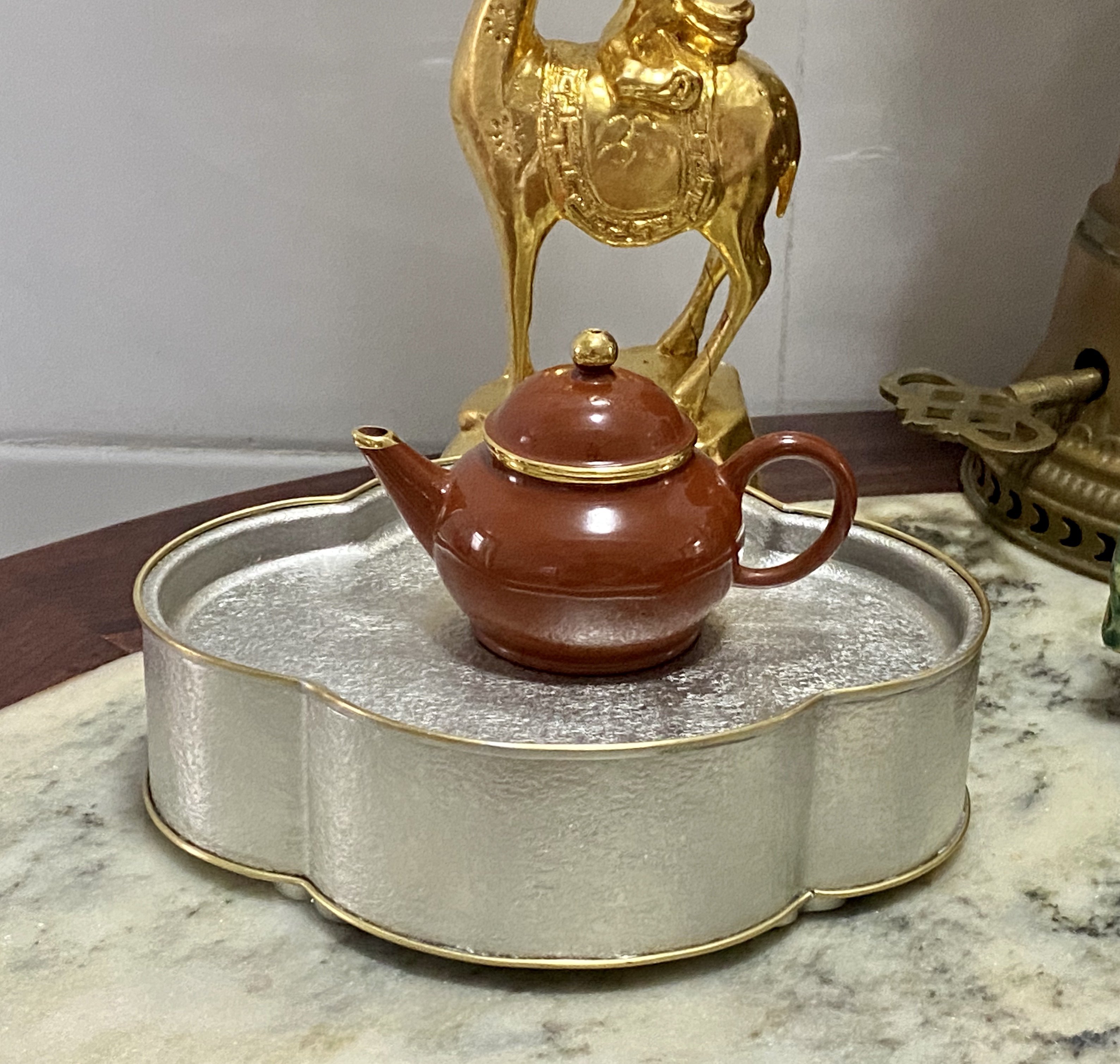 潮州工夫茶純錫茶器海棠形小茶盤幹泡臺銅線包邊純銅質感好-淘寶Taobao 