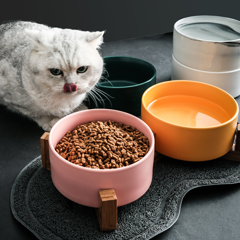 Cat Bowl Double Bowl Ceramic Protection of Cervical Spine Dog Dog Drinking Water Cat Food Basin Solid Wood Prevention of Dog Bowl