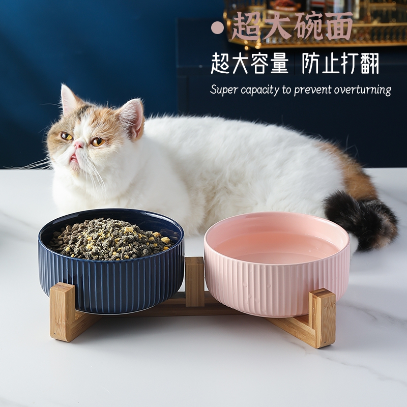 Cat bowl ceramic double bowl bamboo and wood frame to protect cervical vertebrae large diameter anti-overturning cat food basin dog drinking water pet bowl