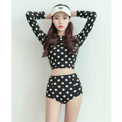 Korean swimsuit Hepburn style classic black and white polka dot round neck long sleeve two-piece high waist pants resort hot spring swimsuit women