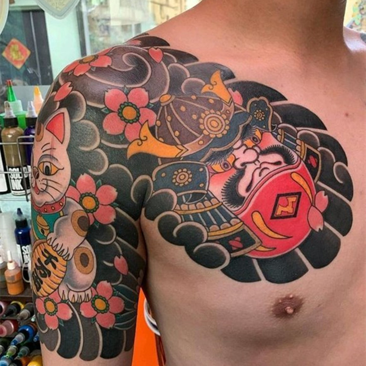 Old traditional half A dharma maegg cherry blossom tattooed with large arm and chest front male and female tattooed green post Cat Waterproof Lasting-Taobao