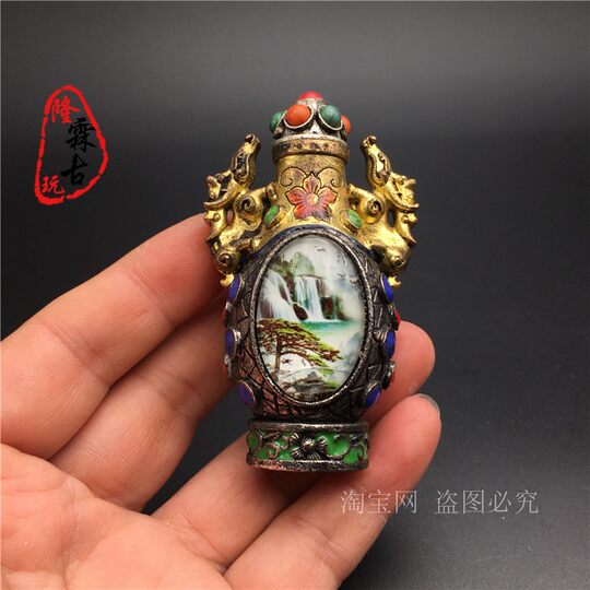 Antiker, antiker Distressed-Kupferstangenlöffel, mittelgroß, Landschaftsmalerei, Schnupftabakflaschenzubehör, praktischer eingelegter Kupferdeckel