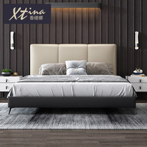 Light luxury leather bed Master bedroom modern simple small apartment thin bedside double bed Wedding bedside layer cowhide Nordic leather bed