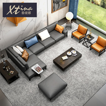 Italian leather sofa Modern minimalist Nordic first-floor cowhide living room complete corner solid wood sofa combination furniture