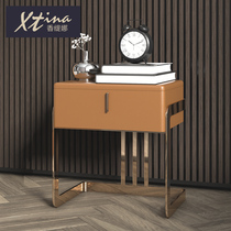 Italian minimalist bedside table simple modern bedroom leather bedside cabinet storage cabinet single and double drawers bedside storage cabinet
