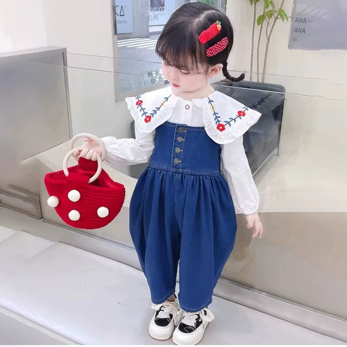 Джинсовый комбинезон, детская осенняя рубашка для девочек, весенний осенний комплект, популярно в интернете