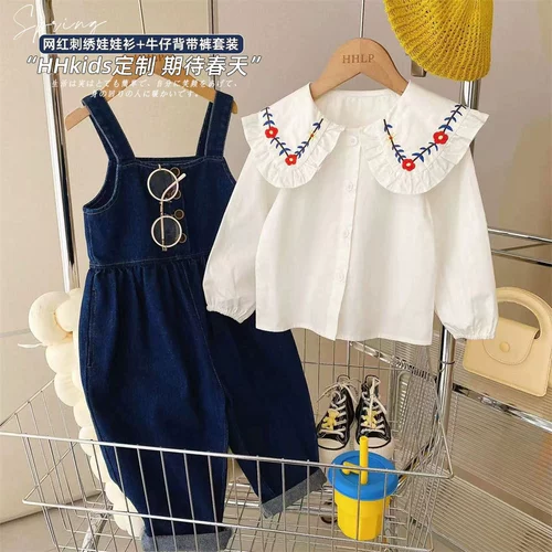 Джинсовый комбинезон, детская осенняя рубашка для девочек, весенний осенний комплект, популярно в интернете