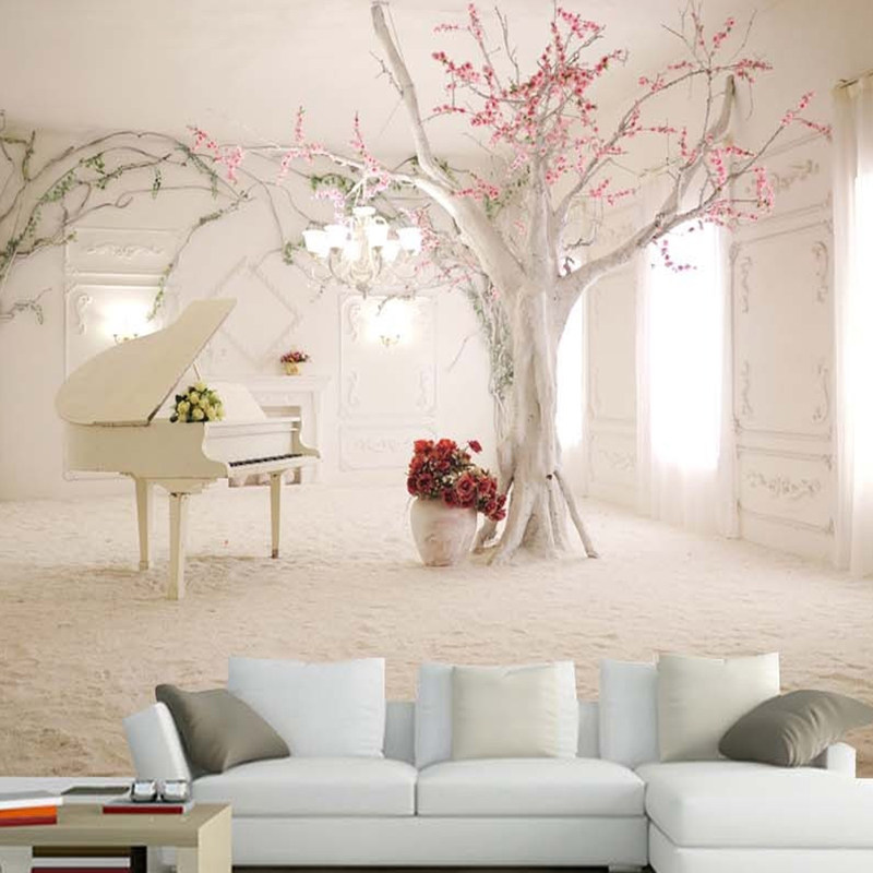 American 3d three-dimensional mural living room sofa TV background wall wallpaper space expansion pink cherry blossom seamless wallpaper