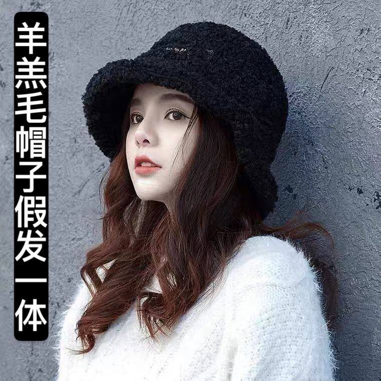 Hat wig integrated female long curly hair net red lamb wool fisherman hat autumn winter fashion 100 hitch short curly hair headgear
