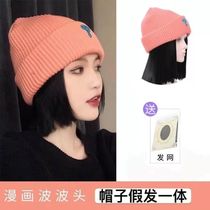 Wig Cap Integrated Woman Zishoulder Short Hair Net Red Realistic Natural Warm Letters Knit Cap Wave Head Wig Sleeve