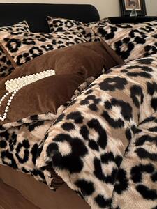 Leopard Print Rabbit Fur Milk Velvet Four-Piece Bedding Set Winter Flannel Coral Fleece Double-Sided Thickened Warm Bed 