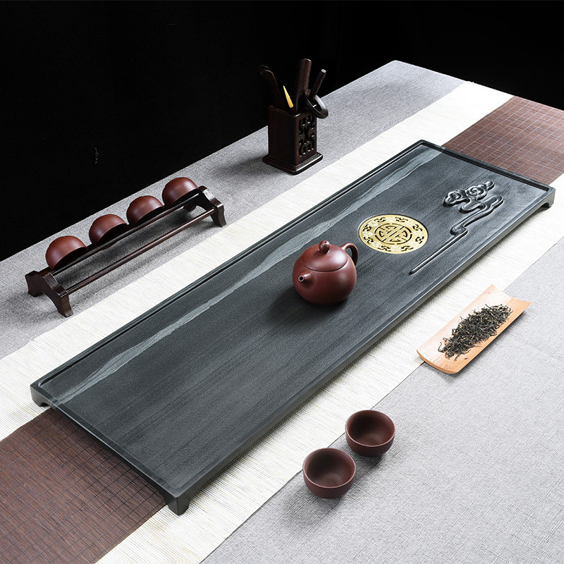 The whole piece of natural household black gold stone tea tray stone simple tea sea large green sandalwood tea sea black gold stone tea table