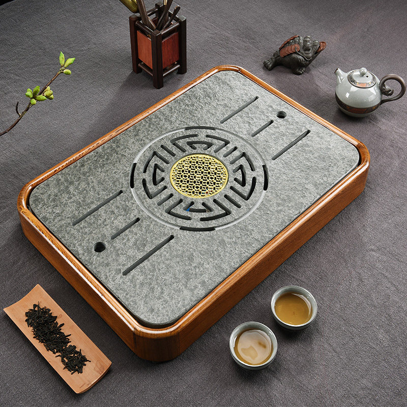 Tea tray black stone household water storage type light luxury chicken wing wood high-end small dry bubble stone drain tray retro style