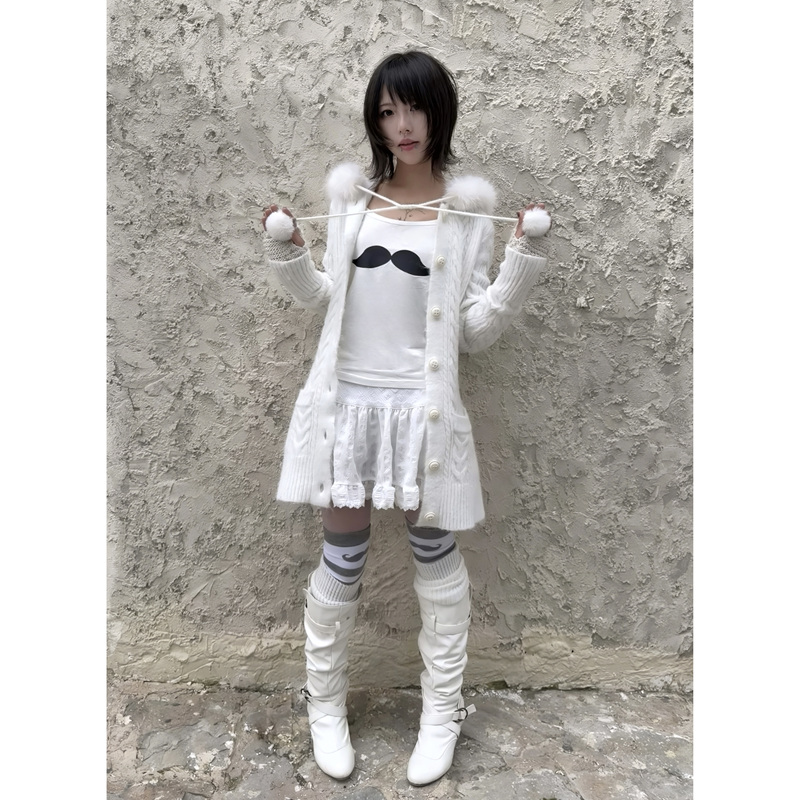 Toxic Ki33 |   Hooded Fur Collar Knitted Cardigan Mid-Length Slim Fit Wing Embroidered Sweater Black and White Coat