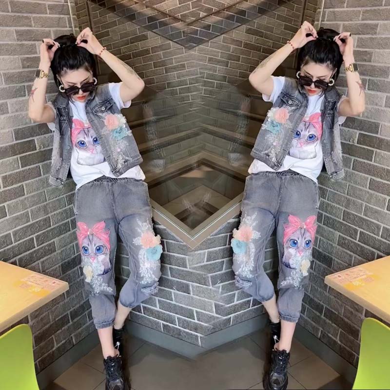 Cat embroidery heavy industry denim three-piece women's 2022 spring and autumn new age-reducing all-match thin ripped jeans trend