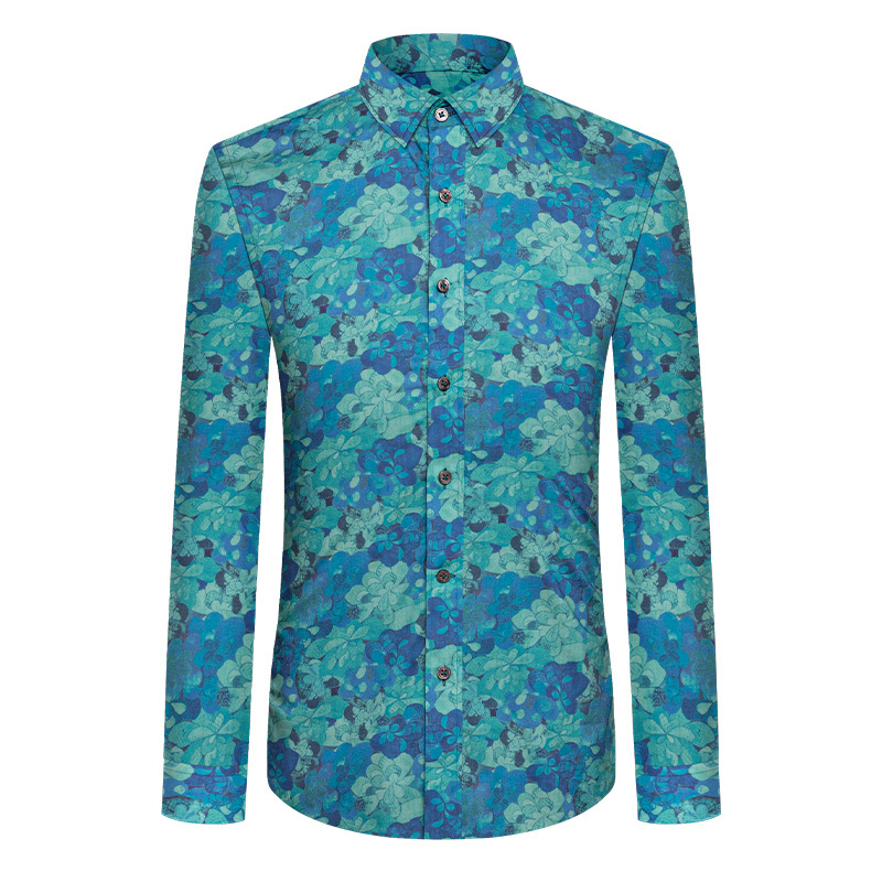 This Hawaiian Floral Shirt for Men Is a Long-Sleeved Summer New Style, Korean Version, Slim Fit, Blue Emerald Bay, Cool and Casual Shirt