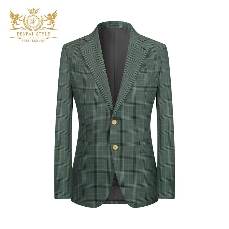 This Scottish Plaid Suit Set Has a High-End Feel, Single-Breasted Green Wool Plaid Casual Blazer for Men