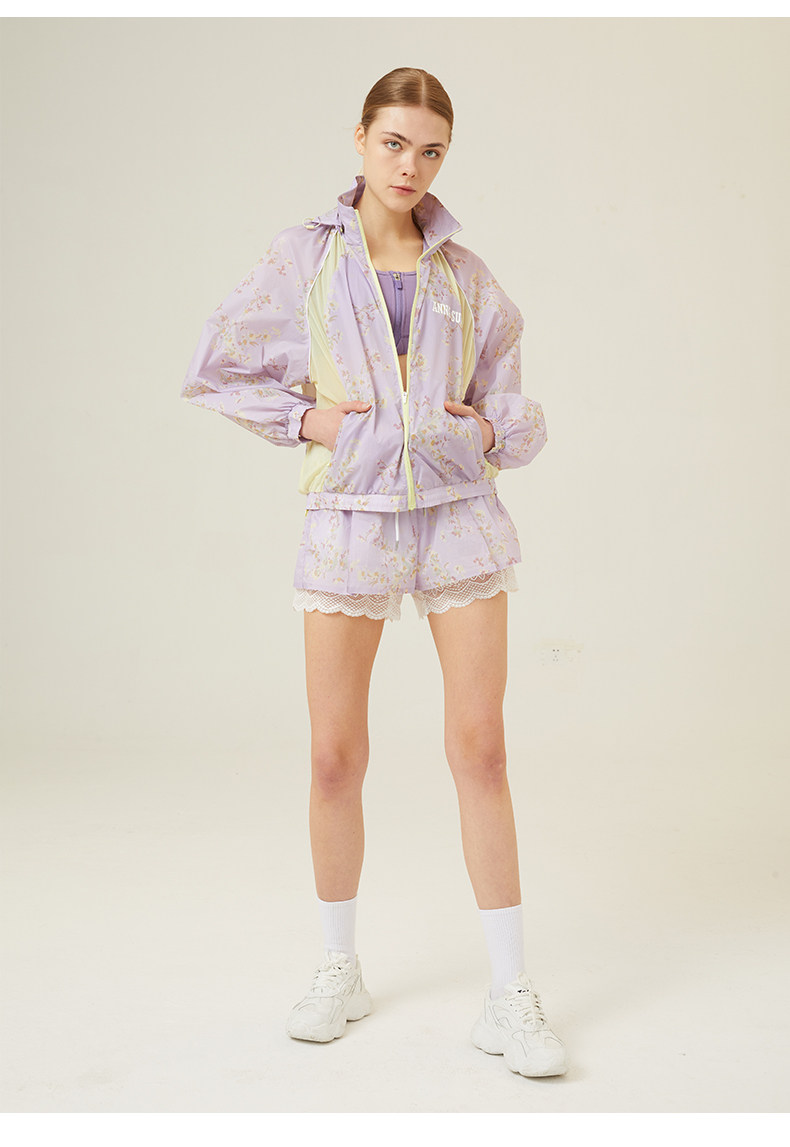 Куртка для йоги anna sui安娜苏运动 拼接印花抗uv50+花园防晒服透气带帽女长袖