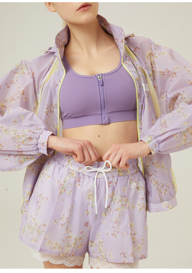 Куртка для йоги anna sui安娜苏运动 拼接印花抗uv50+花园防晒服透气带帽女长袖