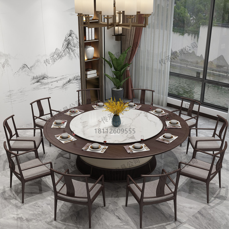 New Chinese style solid wood electric turntable dining table large round table simple Zen hotel clubhouse private room dining table and chairs customized jx