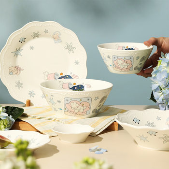 Blue lotus ceramic cute girls' bowl