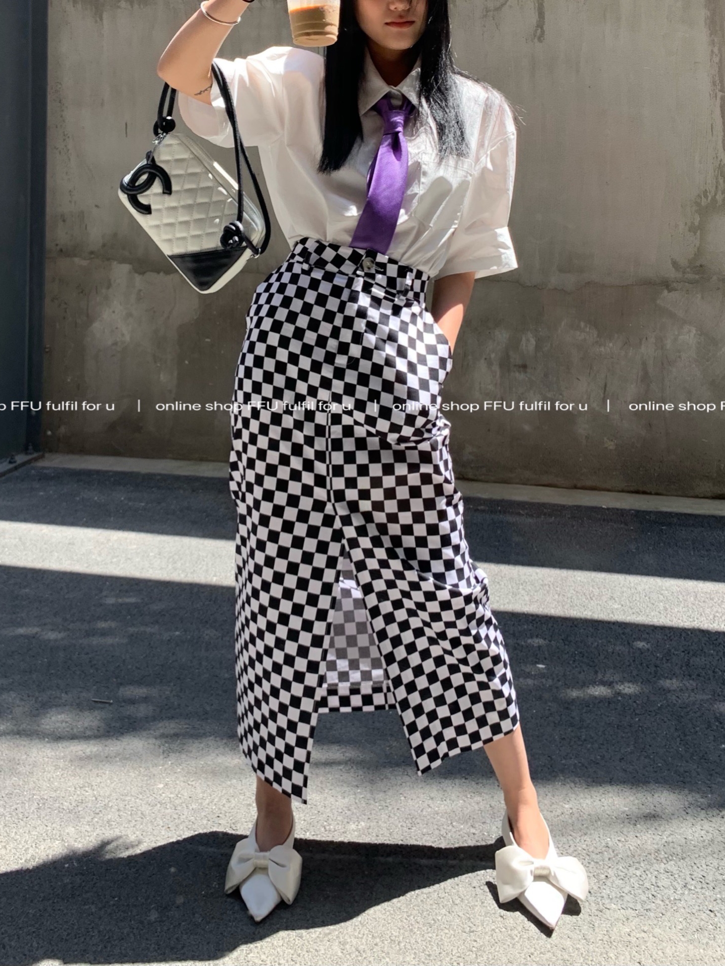FFU Plaid Skirt Women Look Thin High Waist A-line Bag Hip Slit Mid-Long Retro Skirt (Clearance)