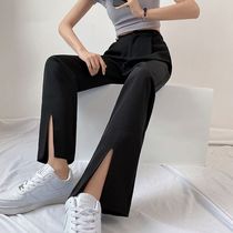 Black 2022 Summer Open Fork Straight Drum Western Dress Pants Woman Pendant Sensation High Waist Display Slim Width Leg Pants Loose Tow Ground Pants
