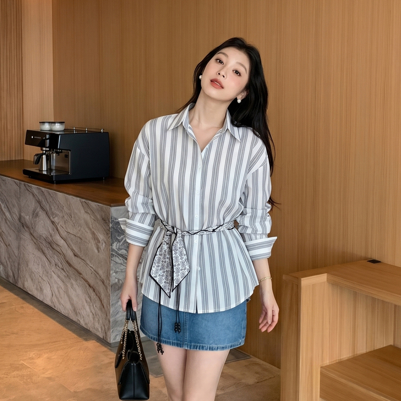 Striped Shirt for Women, Long-Sleeved, Summer 2026 New Korean Style Loose Top with Silk Scarf Tie, Waist-Cinching Shirt, Cardigan, Korean Version Striped Shirt for Women, Long-Sleeved, Summer 2026 New Korean Style Loose Top with Silk Scarf Tie, Waist-Cinching Shirt, Cardigan, Korean Version