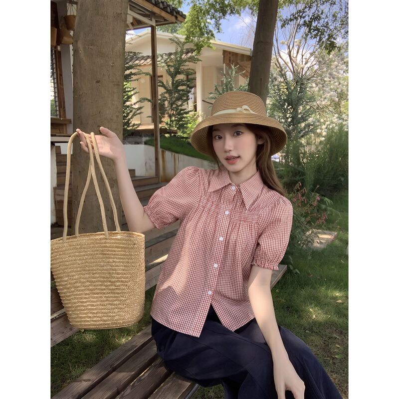 Casual Retro Style Short-Sleeved Shirt for Women 2026 Summer Petite Shirt Loose Short Puff Sleeve Top Casual Retro Style Short-Sleeved Shirt for Women 2026 Summer Petite Shirt Loose Short Puff Sleeve Top
