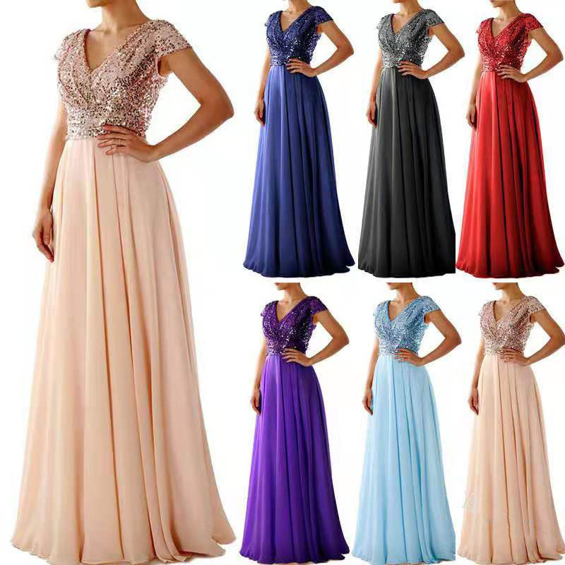 2023 Cross-Border New Spring and Summer European and American Women's Dress V-Neck Sequin Chiffon Splicing Evening Dress Long Dress 2023 Cross-Border New Spring and Summer European and American Women's Dress V-Neck Sequin Chiffon Splicing Evening Dress Long Dress