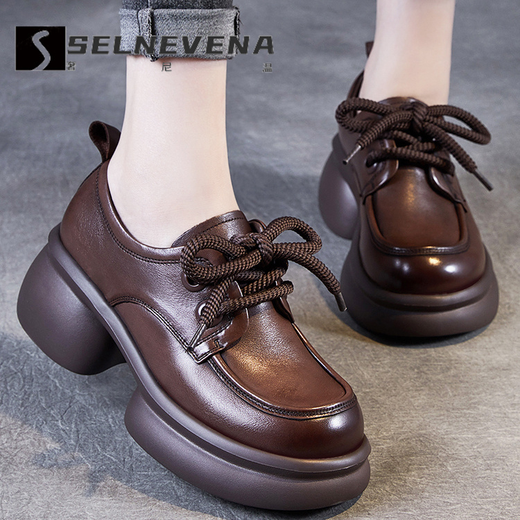 Selnevena Women's Leather Shoes with Thick Soles, Lace-Up Genuine Leather Women's Shoes, Versatile Chunky Heel Women's Flats, Women's Loafers