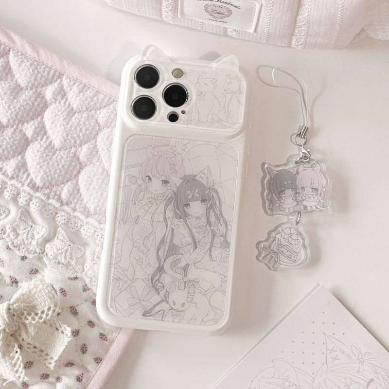 [Curly-Eared Cat] Little Greedy Cat Original Girly Heart iPhone Case with Fine Holes and Glossy Cat Ears