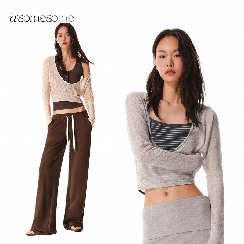 Asomesome Song Zuer Style Linen Semi-Sheer Knit Blouse for Women, Summer Thin Loose Long-Sleeve T-Shirt, Slimming Top