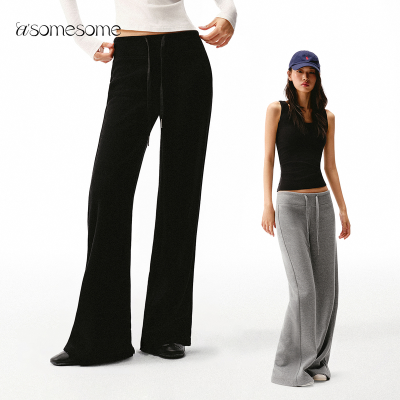 Asomesome American-Style Wool Black Loose Low-Waist Straight-Leg Flared Pants for Women, Autumn and Winter Brushed Casual Thick Sweatpants