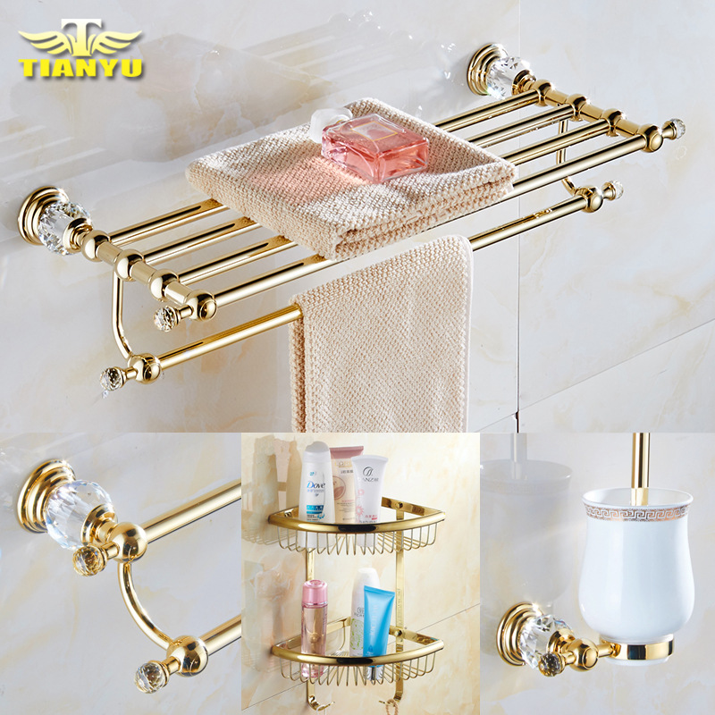 Eurostyle Bronze Golden Bath Towels Towel Rack Light Lavish Hardware Pendant Suit Makeup Room Shelve Crystal Bathroom Hang