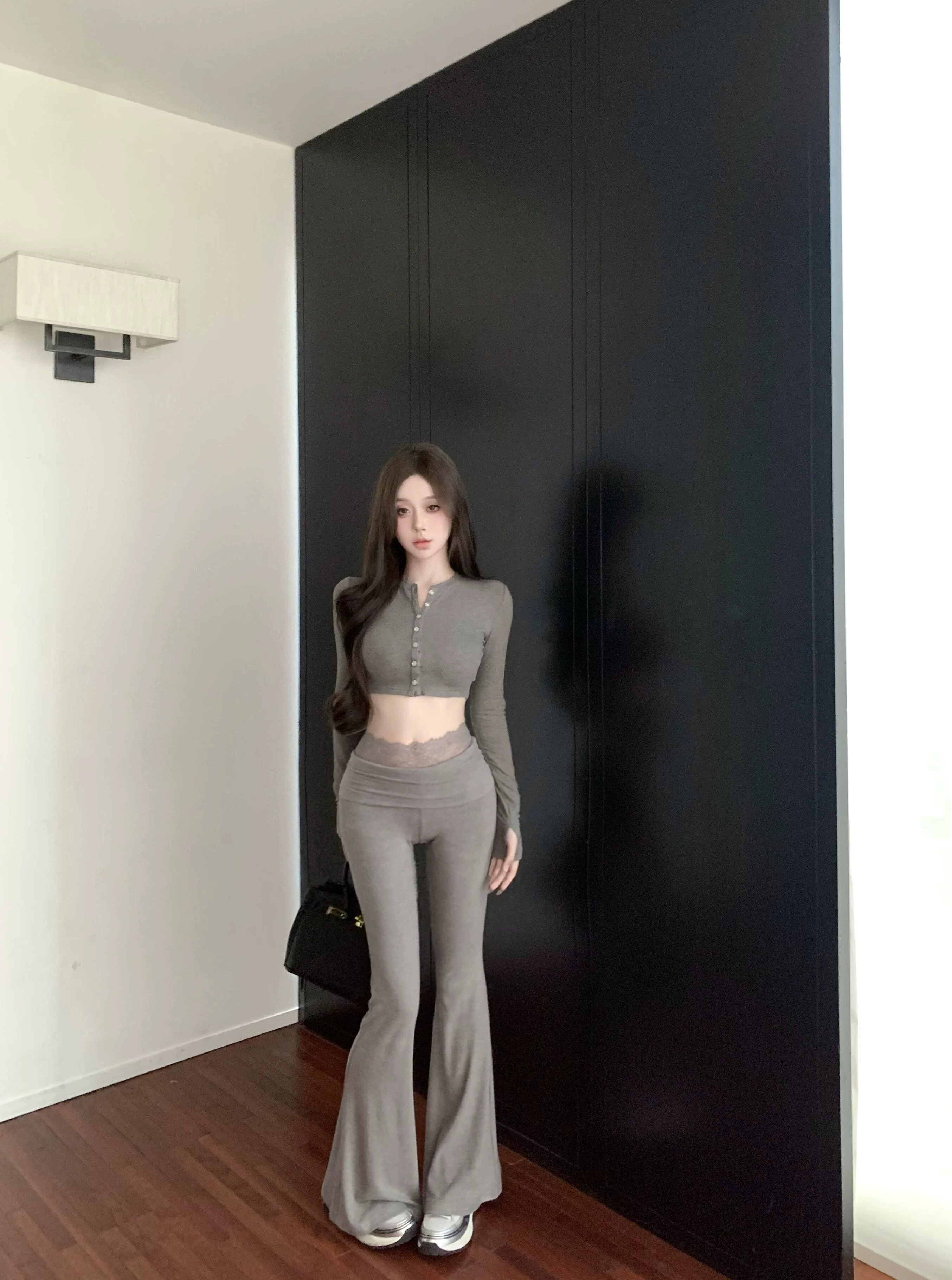 Сексуальный комплект, короткий длинный рукав, мегапон, брюки, slim fit, высокая талия