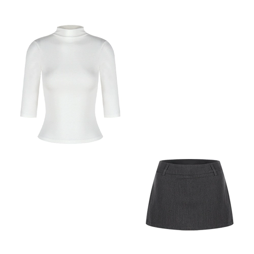 Белая цветная летняя футболка, высокий воротник, короткий рукав, с рукавом, в обтяжку