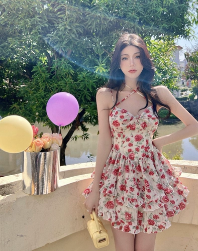 Милое летнее шифоновое платье, корсет без рукавов, мини-юбка, цветочный принт, А-силуэт