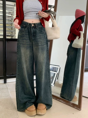 Синие ретро джинсы, штаны, высокая талия, свободный прямой крой