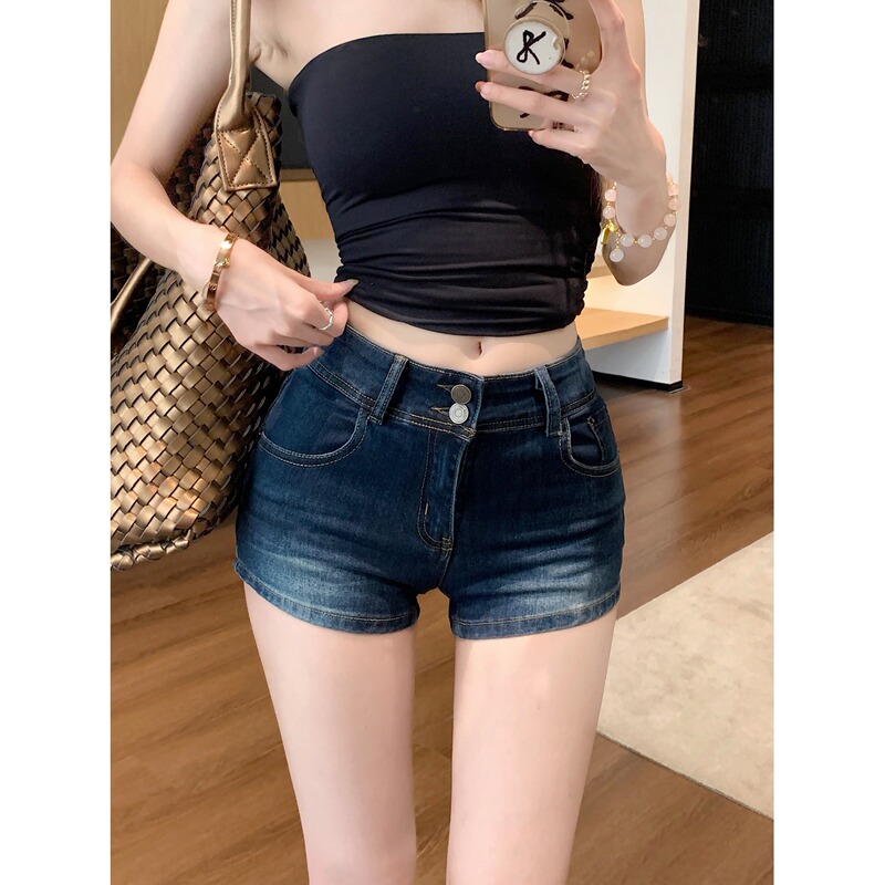 American-Style Spicy Girl Denim Shorts for Women, Summer Two-Button High-Waisted Hip-Hugging Pants, Straight-Leg Slimming A-Line Hot Pants