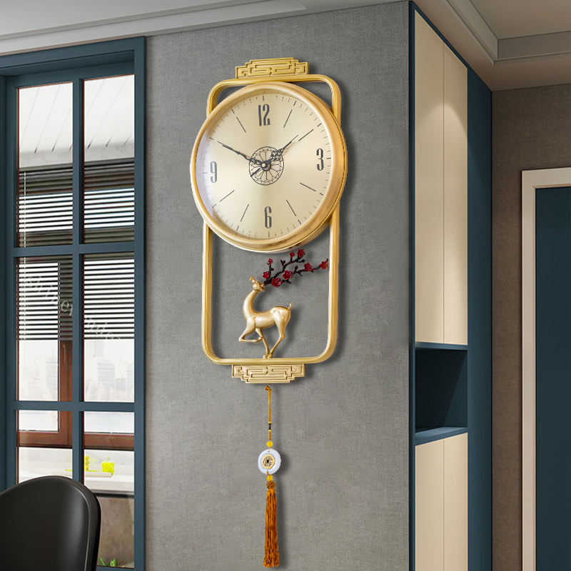 New Chinese high-end pure copper clock hanging bell living room home fashion light extravagant atmosphere dining room hanging wall personality quartz clock