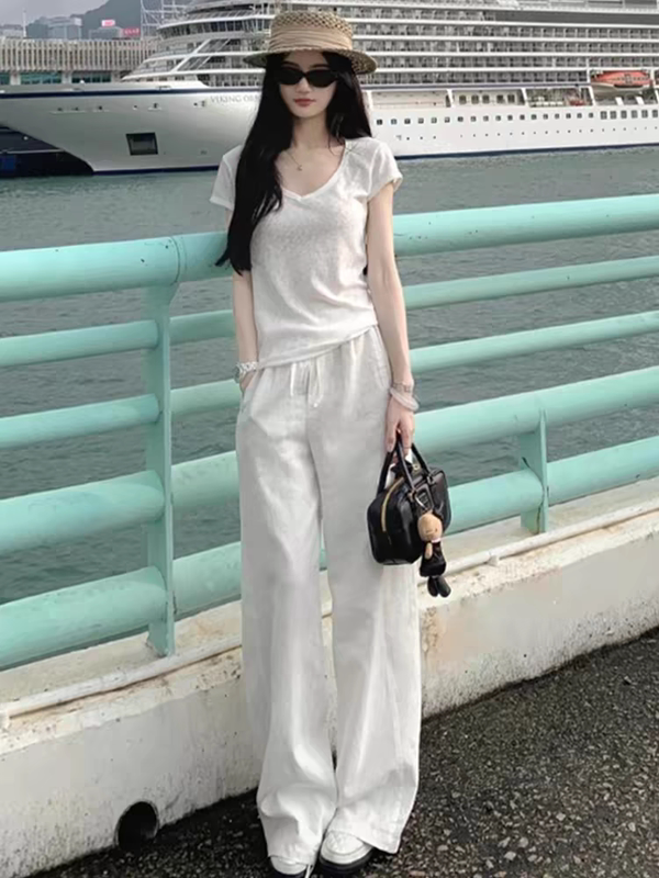 European Station 2026 Summer New Style, Very Stylish and High-End, Sporty and Casual, Age-Reducing Short-Sleeved Wide-Leg Pants Two-Piece Set