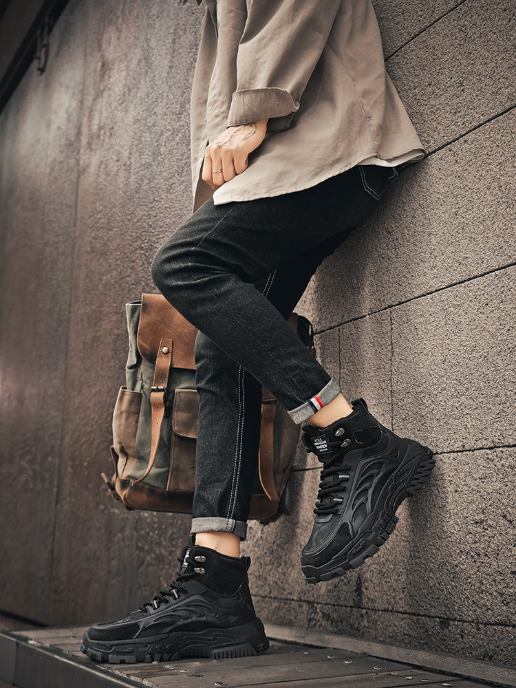 Spring New Cycling Shoes with Hidden 12cm Height Increase for Men, High-Top Motorcycle Boots, Thick-Soled Martin Boots