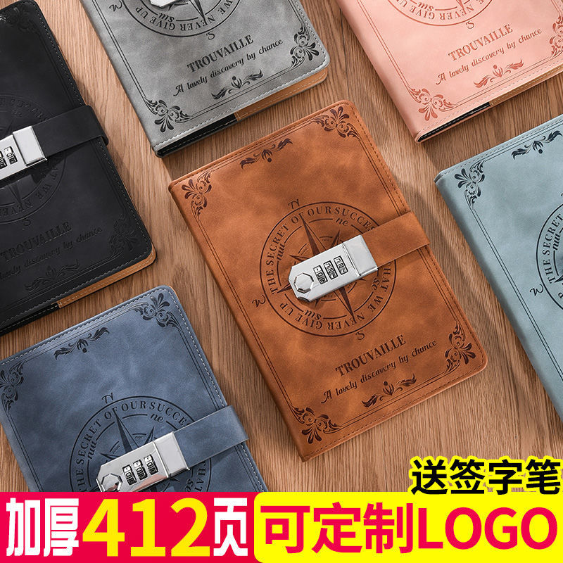 Password notebook with lock diary book A5 retro diary thickened creative hand book student notepad
