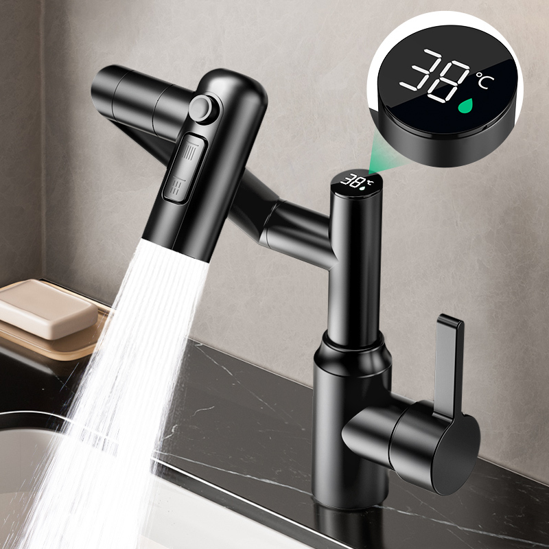 304 Stainless Steel Faucet Washbasin Bathroom Multifunctional Mechanical Arm Universal Rotating Hot and Cold Digital Display Basin