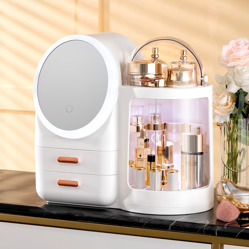 Rotating Cosmetics Storage Box with Mirror, Integrated Light, Large Capacity, High-End Feel, Dust-Proof Storage Box for Skin Care Products