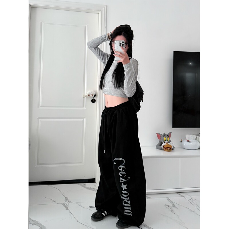 Black Cheese~ Relaxed American-Style Rhinestone Loose Jazz Pants, Wide-Leg Pants, Casual Sports Sweatpants, Jazz Floor-Length Pants