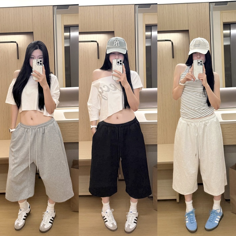 Black Cheese~ American-Style Thin Shorts, Unisex Cropped Pants, Casual Loose Wide-Leg Pants, Mid-Length Pants for Jazz Dancing